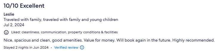 Booking.com review screenshot from Leslie